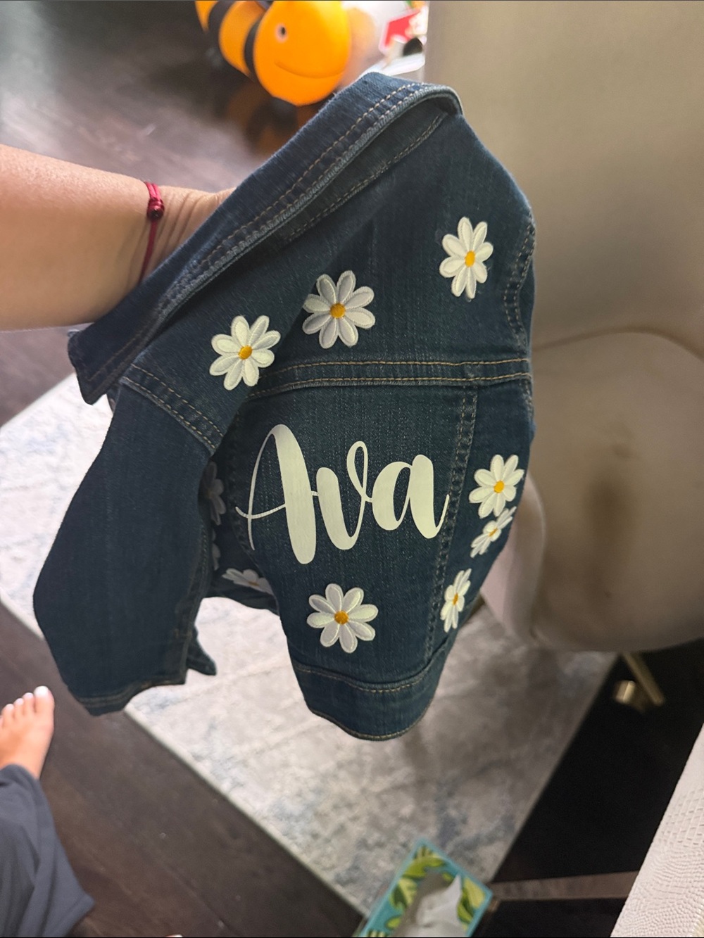 Personalized Dark Blue Denim Jeans Jacket with Daisy Design - Ava
